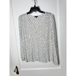 Talbots White Navy Polka Dot V-neck Button Down Blouse Top Size 12 Workwear